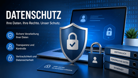 Modernes Banner zum Thema Datenschutz mit Laptop, Schutzschild, Vorhängeschloss und digitalen Sicherheitssymbolen in blauer Farbgestaltung. Das Bild steht für Datensicherheit, Vertraulichkeit, den Schutz persönlicher Daten und die sichere Verarbeitung von Informationen.