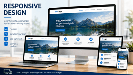Responsive Design für moderne Webseiten: Ein Desktop-PC, Laptop, Tablet und Smartphone zeigen dieselbe Website in optimal angepasster Darstellung. Das Bild veranschaulicht die geräteübergreifende Benutzerfreundlichkeit, mobile Optimierung und professionelle Webentwicklung im modernen Corporate Design.