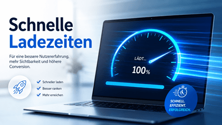 Illustration eines modernen Laptops mit Geschwindigkeitsanzeige und Ladebalken als Symbol für schnelle Ladezeiten. Dynamische Lichteffekte und ein blaues Design stehen für hohe Performance, schnelle Webseiten und eine optimale Nutzererfahrung