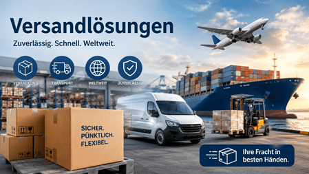 Modernes Banner zum Thema Versandlösungen mit Lagerhalle, Versandkartons, Lieferwagen, Gabelstapler, Containerschiff und Frachtflugzeug. Die Grafik vermittelt professionelle, schnelle und weltweite Logistik- und Versanddienstleistungen.