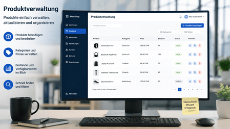 Moderner Arbeitsplatz mit grossem Monitor, auf dem eine übersichtliche Produktverwaltung für einen Webshop dargestellt wird. Zu sehen sind Produktlisten, Kategorien, Preise, Lagerbestände und Verwaltungsfunktionen in einem professionellen, blau gehaltenen Design.