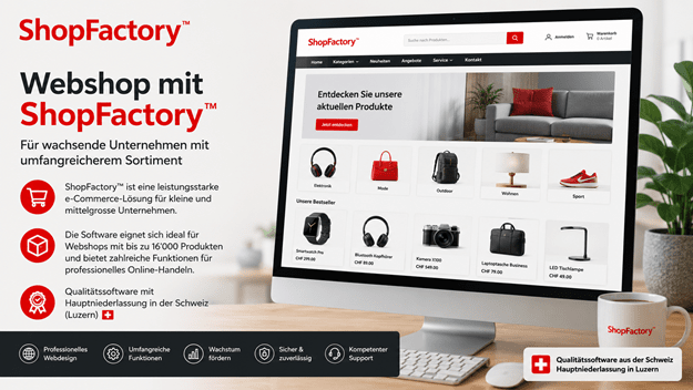 Modernes Werbebanner für den ShopFactory™-Webshop mit Original-Logo, grossem Monitor mit Online-Shop-Oberfläche und Informationen zur leistungsstarken E-Commerce-Lösung für kleine und mittelgrosse Unternehmen. Hervorgehoben werden die Verwaltung von bis zu 16'000 Produkten sowie die Schweizer Hauptniederlassung in Luzern.