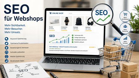 Laptop mit einem modernen Onlineshop, SEO-Diagrammen und einer Lupe mit SEO-Symbol. Einkaufskorb, Pakete und Symbole für Sichtbarkeit, Besucher und Umsatz veranschaulichen Suchmaschinenoptimierung für Webshops in einem modernen blau-weissen Corporate Design.