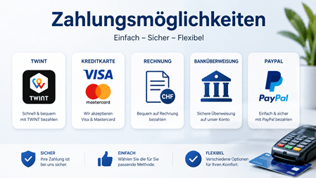 Moderne Infografik zum Thema «Zahlungsmöglichkeiten» mit den Bezahloptionen TWINT, Visa, Mastercard, Rechnung, Banküberweisung und PayPal. Das Design ist in Blau und Weiss gehalten und vermittelt Sicherheit, einfache Zahlung sowie flexible Zahlungsmethoden. Unten rechts sind ein Kartenlesegerät und eine Kreditkarte abgebildet.