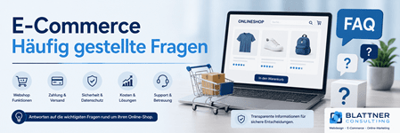 Moderne Webseiten – Häufig gestellte Fragen (FAQ): Modernes Seitenbanner mit Laptop, FAQ-Darstellung und Symbolen für Support, Sicherheit, Webdesign und Beratung. Das Bild steht für häufig gestellte Fragen rund um professionelle Webseiten und die Dienstleistungen von Blattner Consulting.