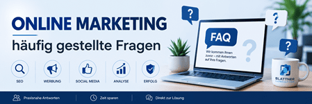 ONLINE MARKETING – häufig gestellte Fragen: Modernes Banner mit Laptop, FAQ-Symbolen und Icons für SEO, Werbung, Social Media, Analyse und Erfolg. Das Bild steht für schnelle Antworten auf die wichtigsten Fragen rund um professionelles Online-Marketing und digitale Sichtbarkeit.