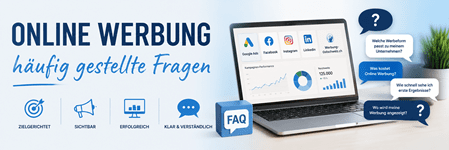 ONLINE WERBUNG – Häufig gestellte Fragen: Modernes Banner mit Laptop, Symbolen für Google Ads, Facebook, Instagram, LinkedIn und Werbung-Ostschweiz sowie typischen Fragen zu Kosten, Werbeformen, Reichweite und Erfolg von Online-Werbung.