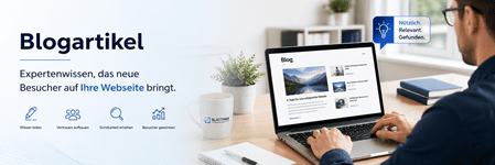 Infografik über Blogartikel, die Expertenwissen teilen und Besucher auf die Webseite bringen. Zu sehen ist ein Mann von hinten, der an einem Laptop eine Blog-Übersichtsseite bearbeitet