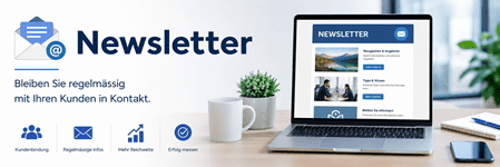Infografik über Newsletter-Marketing, um regelmäßig mit Kunden in Kontakt zu bleiben. Auf der rechten Seite ist ein geöffneter Laptop auf einem Schreibtisch zu sehen, der das Layout eines E-Mail-Newsletters mit Abschnitten wie ‚Neuigkeiten & Angebote‘ zeigt.