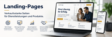 Infografik über verkaufsstarke Landing-Pages für Dienstleistungen und Produkte. Zu sehen ist die responsive Darstellung einer modernen Webseite auf einem Laptop und einem Smartphone, die Vorteile wie ‚Mehr Anfragen‘ und ‚Überzeugendes Design‘ hervorhebt.