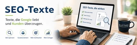 Infografik über wirksame SEO-Texte, die Google liebt und Kunden überzeugen. Zu sehen sind Hände an einem Laptop, auf dessen Bildschirm Checkpunkte wie ‚Relevante Inhalte‘ und ‚Klare Struktur‘ stehen, daneben eine Kaffeetasse der Marke Blattner.