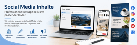 Infografik über professionelle Social Media Inhalte für Unternehmen. Dargestellt ist die Erstellung eines neuen Beitrags auf einem Laptop, die Anzeige auf einem Smartphone sowie verschiedene Beispiel-Posts und Social-Media-Icons am rechten Rand.