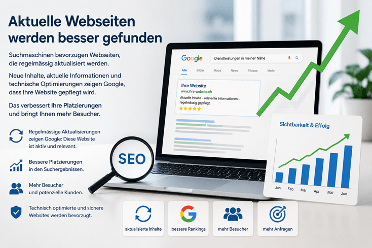 Aktuelle Webseiten werden besser gefunden: Moderne Illustration einer Suchmaschinenoptimierung (SEO) mit Laptop, Google-Suchergebnis, Lupe mit SEO-Schriftzug und steigender grüner Erfolgskurve. Symbole für regelmässige Aktualisierungen, bessere Google-Rankings, mehr Besucher und mehr Kundenanfragen verdeutlichen, dass aktuelle Inhalte, technische Optimierungen und eine gepflegte Website die Sichtbarkeit in Suchmaschinen verbessern. Ideal für Webseiten-Service, SEO, Website-Wartung und Online-Marketing.
