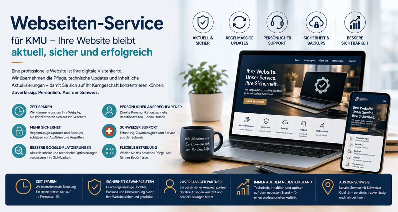 Webseiten-Service für KMU in der Schweiz: Professionelle Webseitenpflege mit regelmässigen Aktualisierungen, Sicherheitsupdates, Backups, persönlichem Support und Suchmaschinenoptimierung (SEO). Moderne Website auf Laptop und Smartphone als Symbol für eine sichere, aktuelle und erfolgreiche Online-Präsenz von Blattner Consulting.