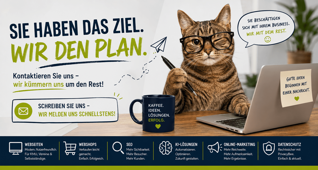 Haben Sie Fragen oder planen Sie ein neues Projekt? Ob neue Webseite, Webshop, SEO, KI-Lösungen oder Online-Marketing – wir beraten Sie persönlich und unverbindlich. Beschreiben Sie Ihr Anliegen kurz, wir melden uns zeitnah bei Ihnen.