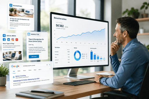 Mehr Besucher durch Content-Marketing und SEO: Ein Unternehmer analysiert auf einem grossen Bildschirm steigende Besucherzahlen und Website-Statistiken. Ergänzend zeigen eingeblendete Elemente einen Blogartikel, Social-Media-Beiträge, einen Newsletter und ein Google-Suchergebnis. Die moderne Szene veranschaulicht, wie Content-Marketing, Suchmaschinenoptimierung (SEO) und digitale Kommunikation gemeinsam für mehr Sichtbarkeit, Reichweite und Kundenanfragen sorgen.