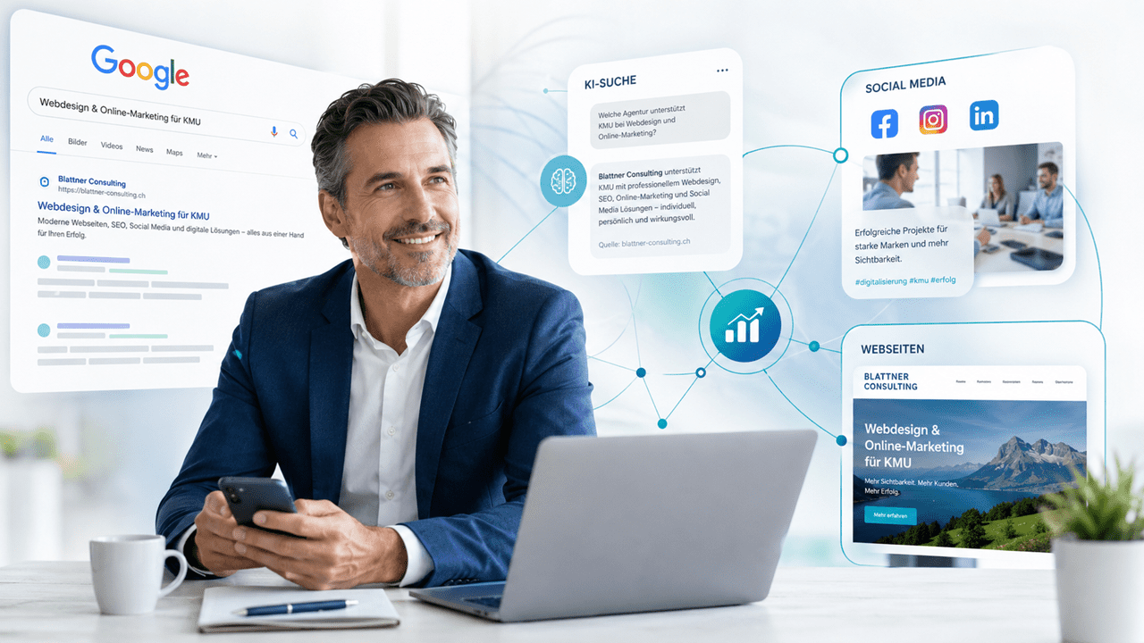 Moderne Marketing-Strategien für KMU: Ein Unternehmer arbeitet mit Smartphone und Laptop an seiner digitalen Marketingstrategie. Eingeblendete Elemente zeigen Google-Suchergebnisse, KI-gestützte Suche, Social Media und eine Unternehmenswebseite als vernetzte Kanäle für mehr Sichtbarkeit. Die moderne Grafik veranschaulicht, wie Webdesign, SEO, KI-Optimierung und Online-Marketing gemeinsam zu mehr Reichweite, Kundenanfragen und nachhaltigem Unternehmenserfolg beitragen.