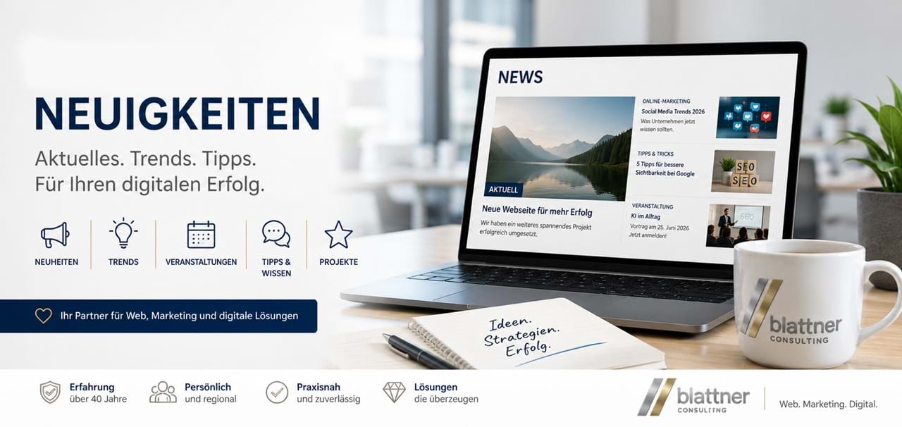 News & Neuigkeiten bei Blattner Consulting: Modernes Seitenbanner mit hellem Büro, Laptop mit News-Portal, Notizblock und Kaffeetasse mit Blattner-Consulting-Logo. Das Banner symbolisiert aktuelle Neuigkeiten, digitale Trends, Veranstaltungen, Tipps, Projekte sowie Fachwissen zu Webdesign, Suchmaschinenoptimierung (SEO), Online-Marketing, Social Media, E-Commerce, Künstlicher Intelligenz (KI) und Datenschutz für KMU, Vereine und Selbständige.