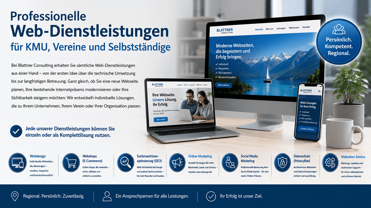 Modernes Banner zu professionellen Web-Dienstleistungen mit Arbeitsplatz, Desktop-PC, Laptop und Smartphone, die eine responsive Webseite zeigen. Im Vordergrund stehen Webdesign, Webshops, Suchmaschinenoptimierung (SEO), Online-Marketing, Social Media, Datenschutz und Webseiten-Service für KMU, Vereine und Selbstständige. Rechts oben befindet sich ein hervorgehobenes Symbol mit der Botschaft «Persönlich. Kompetent. Regional.».