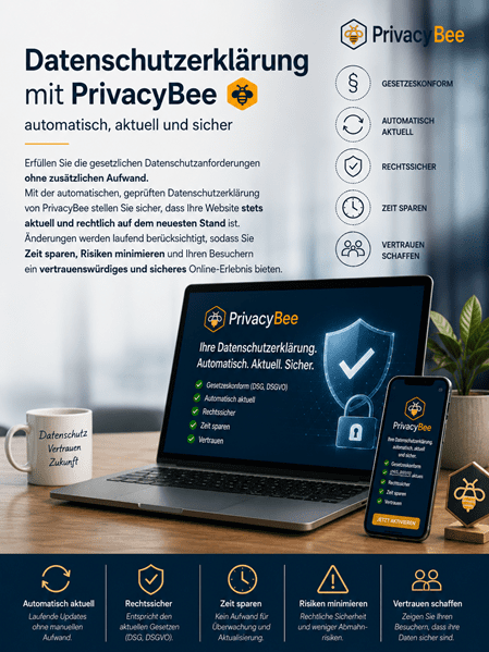 Werbegrafik von blattner CONSULTING für das Produkt PrivacyBee. Slogan: „Datenschutzerklärung mit PrivacyBee automatisch, aktuell und sicher“. Gezeigt wird ein Laptop mit einer Datenschutzerklärung auf dem Bildschirm, geschützt durch ein goldenes Schild-Symbol mit Schloss. Die Dienstleistung richtet sich an KMU, Vereine und Selbstständige zur Einhaltung von DSG & DSGVO.