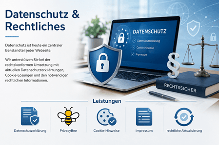 Modernes Banner zum Thema „Datenschutz & Rechtliches“ in einem blau-weissen Corporate Design. Links steht der Titel „Datenschutz & Rechtliches“ sowie der Text: „Datenschutz ist heute ein zentraler Bestandteil jeder Webseite. Wir unterstützen Sie bei der rechtskonformen Umsetzung mit aktuellen Datenschutzerklärungen, Cookie-Lösungen und den notwendigen rechtlichen Informationen.“ Rechts sind ein Laptop mit Datenschutzsymbolen, ein Schild mit Schloss, ein Paragrafenzeichen und eine Justizwaage zu sehen. Unten befindet sich der Bereich „Leistungen“ mit den Punkten Datenschutzerklärung, PrivacyBee, Cookie-Hinweise, Impressum und rechtliche Aktualisierung, jeweils mit passendem Symbol dargestellt.