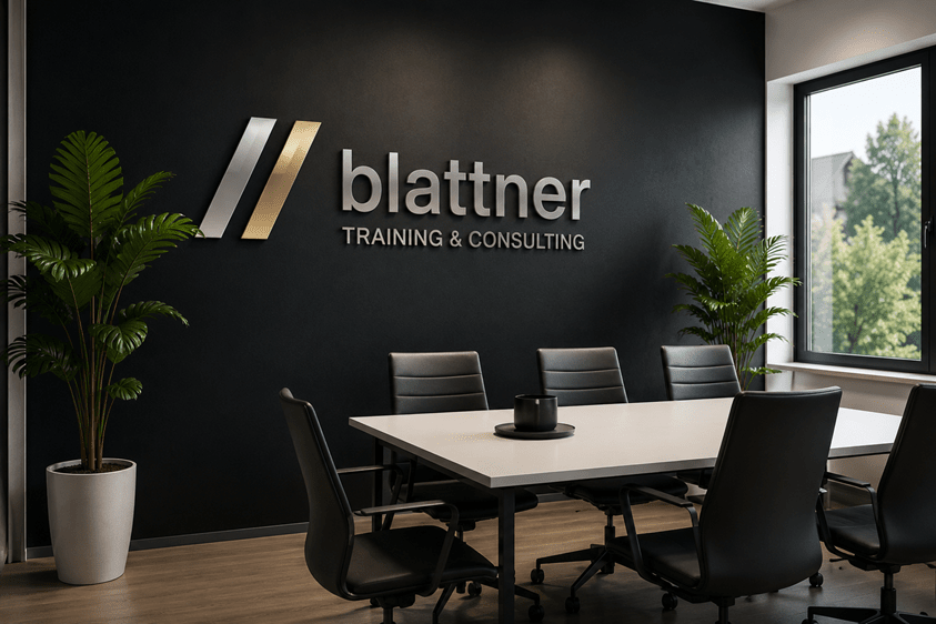 Blattner Training & Consulting – Moderner Besprechungsraum mit Firmenlogo: Heller, stilvoll eingerichteter Sitzungsraum mit grossem Konferenztisch, schwarzen Bürostühlen und Pflanzen. An der dunklen Akzentwand befindet sich das beleuchtete Logo von Blattner Training & Consulting. Das moderne Ambiente vermittelt Professionalität, Vertrauen und Kompetenz in den Bereichen IT-Schulungen, Webdesign und Consulting.