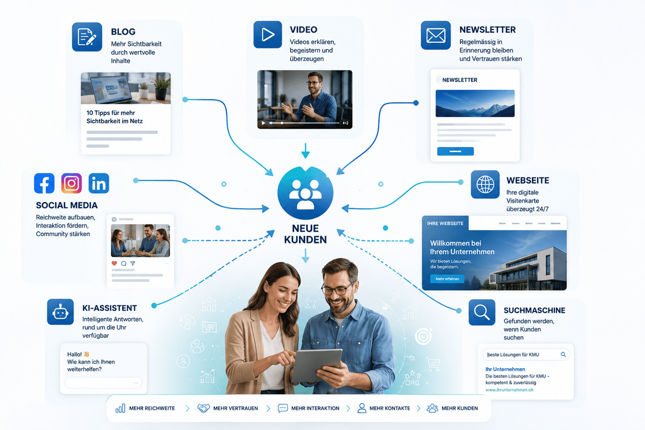 Digitale Marketingkanäle für neue Kunden: Moderne Infografik zeigt, wie Blog, Videos, Newsletter, Social Media, Webseite, Suchmaschinen und ein KI-Assistent gemeinsam neue Kunden gewinnen. Im Zentrum steht ein Unternehmerpaar mit Tablet als Symbol für erfolgreiche digitale Kundengewinnung. Die Grafik verdeutlicht den Zusammenhang zwischen mehr Reichweite, Vertrauen, Interaktion, Kontakten und nachhaltigem Unternehmenserfolg.