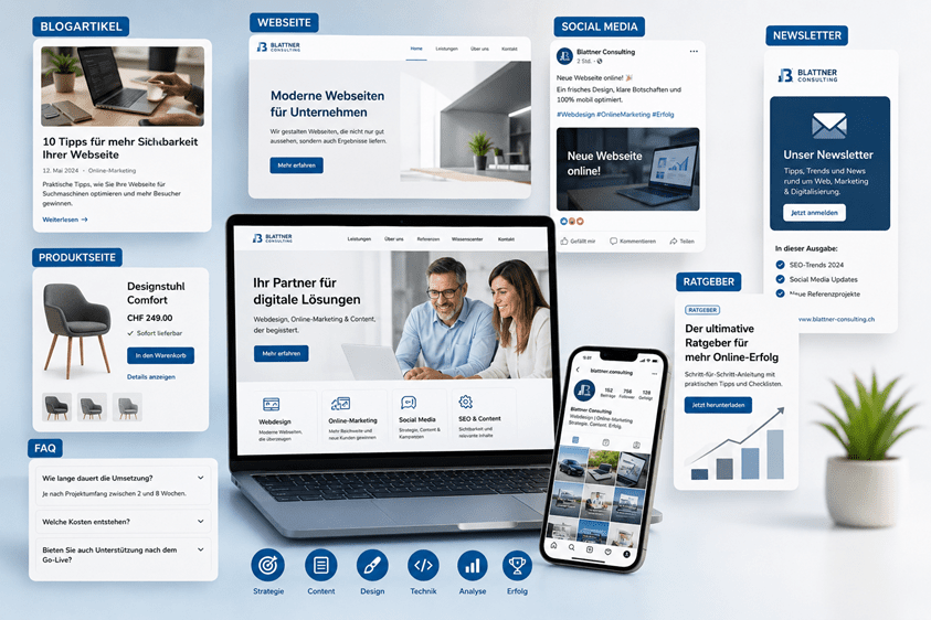 Content-Marketing – Moderne Inhalte für mehr Sichtbarkeit: Collage im modernen Corporate Design mit Laptop und Smartphone sowie verschiedenen digitalen Inhaltsformaten. Dargestellt sind eine Unternehmenswebseite, ein Blogartikel, Social-Media-Beiträge, ein Newsletter, eine Produktseite, ein FAQ-Bereich und ein Ratgeber. Ergänzt wird die Darstellung durch Symbole für Strategie, Content, Design, Technik, Analyse und Erfolg. Die helle, professionelle Gestaltung verdeutlicht die Erstellung und Vermarktung digitaler Inhalte für Webseiten, Suchmaschinenoptimierung (SEO), KI-SEO, Online-Marketing und Social Media.