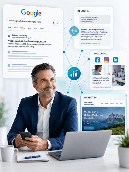 Professioneller Geschäftsmann arbeitet mit Smartphone und Laptop an einer modernen Online-Marketing-Strategie. Rund um ihn sind digitale Elemente wie Google-Suchergebnisse, KI-Suche, Social Media und eine Unternehmenswebsite dargestellt. Das Bild symbolisiert die Vernetzung von Webdesign, Suchmaschinenoptimierung (SEO), KI-Optimierung, Social Media Marketing und digitalen Marketinglösungen für KMU. Modernes, helles Corporate Design mit Fokus auf Sichtbarkeit, Reichweite und nachhaltigem Unternehmenswachstum.