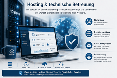 Hosting & technische Betreuung – Moderne Illustration mit Serverraum, Laptop und Symbolen für Webhosting, Domainverwaltung, E-Mail und Sicherheit. Der Text lautet: „Wir beraten Sie bei der Wahl des passenden Webhostings und übernehmen auf Wunsch die technische Betreuung Ihrer Webseite. Dazu gehören Einrichtung, Domainverwaltung, E-Mail-Konfiguration und die laufende Überwachung Ihrer Internetpräsenz.“ Rechts sind die Leistungen Einrichtung, Domainverwaltung, E-Mail-Konfiguration und Überwachung dargestellt. Im unteren Bereich stehen die Vorteile Sicher, Zuverlässig, Tägliche Backups und Persönlicher Support. Abschliessend der Slogan: „Zuverlässiges Hosting. Sichere Technik. Persönlicher Service. Damit Sie sich auf Ihr Kerngeschäft konzentrieren können.“