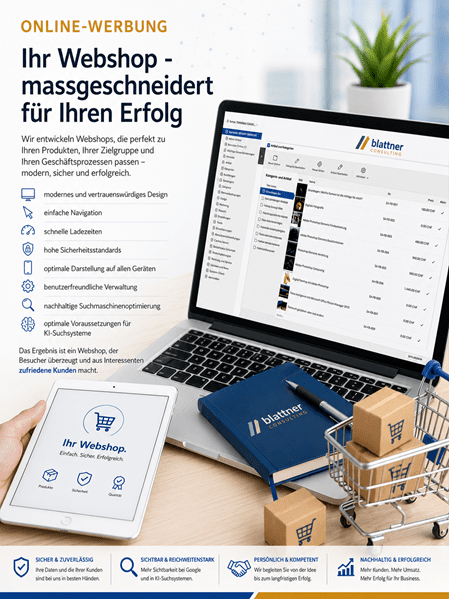 Infografik von blattner CONSULTING zum Thema „Webshops (E-Commerce)“. Im Zentrum steht ein Laptop, auf dessen Bildschirm ein Onlineshop mit Produkten wie Schuhen, einer Handtasche und einer Uhr abgebildet ist. Davor befinden sich 3D-Grafiken einer Weltkugel, von Paketboxen, einer Einkaufstasche, einer Kreditkarte und eines Einkaufswagens. Am oberen und unteren Rand werden Vorteile für KMU, Vereine und Selbstständige wie mehr Verkaufen, einfache Verwaltung und sichere Zahlung beschrieben.