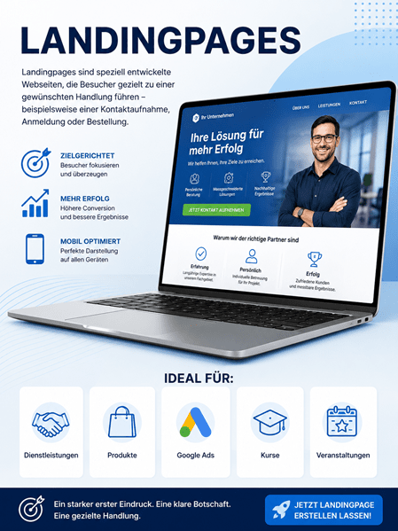 Landingpages – Moderne Infografik im blau-weissen Corporate Design. Links befindet sich die Überschrift „LANDINGPAGES“ sowie der Text: „Landingpages sind speziell entwickelte Webseiten, die Besucher gezielt zu einer gewünschten Handlung führen – beispielsweise einer Kontaktaufnahme, Anmeldung oder Bestellung.“ Darunter drei Symbole mit den Vorteilen „Zielgerichtet“, „Mehr Erfolg“ und „Mobil optimiert“. Rechts ist ein Laptop mit einer professionellen Landingpage zu sehen. Unten werden die Einsatzbereiche Dienstleistungen, Produkte, Google Ads, Kurse und Veranstaltungen mit passenden Symbolen dargestellt. Im unteren Bereich steht der Slogan „Ein starker erster Eindruck. Eine klare Botschaft. Eine gezielte Handlung.“ sowie ein blauer Call-to-Action-Button „Jetzt Landingpage erstellen lassen!“.