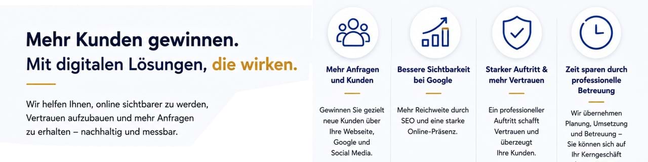 Moderne Infografik zum Thema Kundengewinnung durch digitale Lösungen. Die Grafik zeigt steigende Reichweite und mehr Kundenanfragen durch professionelle Webseiten, Suchmaschinenoptimierung (SEO), Online-Marketing und persönliche Betreuung. Symbole für Wachstum, Sichtbarkeit, Vertrauen und Zeitersparnis verdeutlichen die Vorteile einer erfolgreichen Online-Präsenz für KMU, Vereine und Selbstständige.