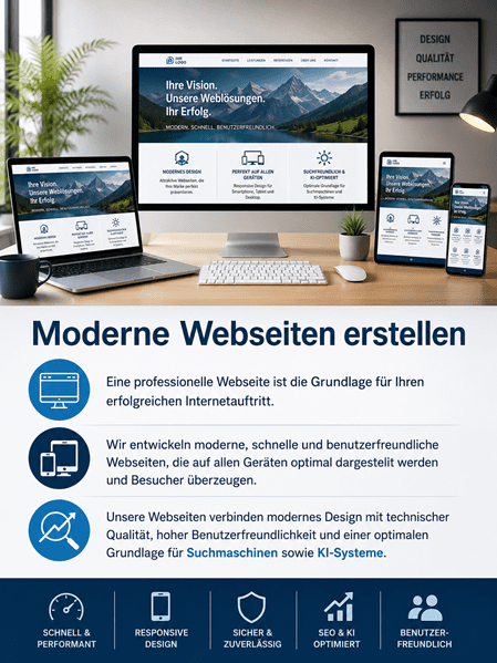 Moderne Arbeitsumgebung mit Desktop-PC, Laptop, Tablet und Smartphone, auf denen eine responsive Webseite dargestellt wird. Das Bild veranschaulicht die Erstellung moderner, schneller und benutzerfreundlicher Webseiten mit Fokus auf Responsive Design, SEO, KI-Optimierung, Sicherheit und hoher Benutzerfreundlichkeit.