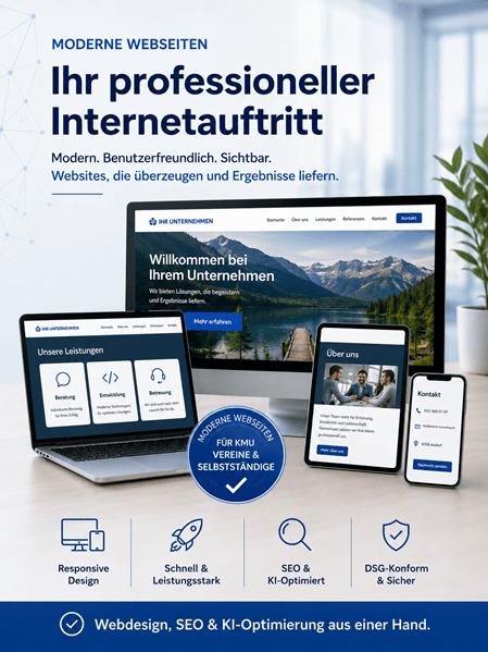 Infografik von blattner CONSULTING zum Thema „Webseiten für KMU, Vereine und Selbstständige“. Im Zentrum stehen ein Desktop-Monitor und ein Smartphone, die das responsive Design einer beispielhaften Unternehmenswebseite zeigen, sowie stilisierte 3D-Grafiken einer Website und einer Weltkugel. Am unteren Rand werden die Kernvorteile wie modernes Design, Optimierung für alle Geräte, Suchmaschinenoptimierung und individuelle Lösungen beschrieben.