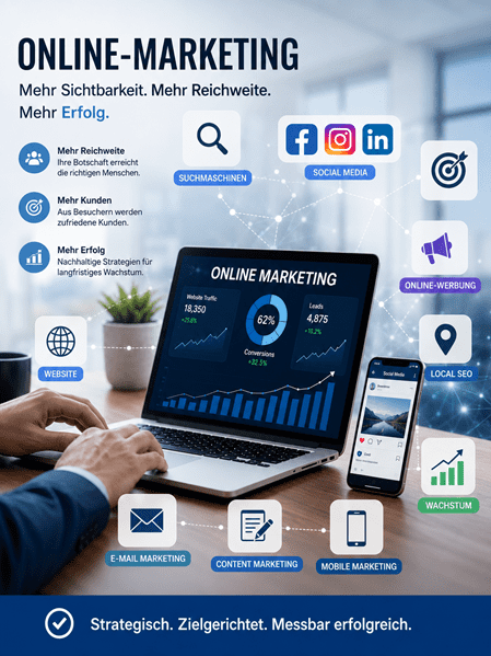 Werbegrafik von blattner CONSULTING zum Thema „Online-Marketing“ für KMU, Vereine und Selbstständige. Im Zentrum steht ein geöffneter Laptop, der ein Dashboard mit Marketing-Statistiken zeigt. Davor liegen eine Checkliste, ein Megafon, eine Zielscheibe und ein steigendes Balkendiagramm. Der Fokus liegt auf der Steigerung von Bekanntheit, Reichweite und messbaren Erfolgen durch zielgerichtete Strategien, Google Ads, Social Media und E-Mail-Marketing.