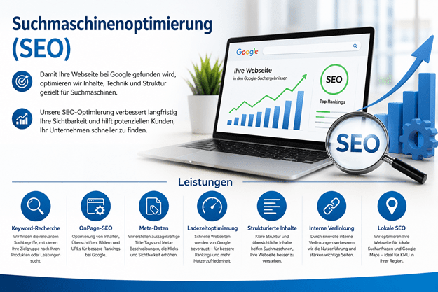 Modernes SEO-Illustrationsbild mit Laptop, Google-Suchergebnissen, SEO-Symbolen und steigender Ranking-Grafik. Das Bild veranschaulicht Suchmaschinenoptimierung mit Leistungen wie Keyword-Recherche, OnPage-SEO, Meta-Daten, Ladezeitoptimierung, strukturierte Inhalte, interne Verlinkung und lokale SEO zur Verbesserung der Sichtbarkeit in Suchmaschinen.