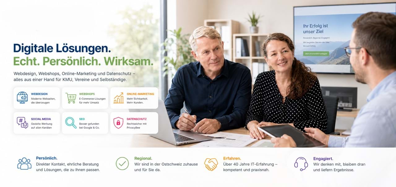 Startbanner «Digitale Lösungen. Echt. Persönlich. Wirksam.» – Das Inhaberpaar von Blattner Consulting berät einen Kunden in einem modernen Besprechungsraum. Im Fokus stehen persönliche Beratung und digitale Dienstleistungen für KMU, Vereine und Selbständige. Dargestellt werden die Leistungen Webdesign, Webshops (E-Commerce), Online-Marketing, Social Media Marketing, Suchmaschinenoptimierung (SEO) sowie Datenschutz mit PrivacyBee. Das Banner vermittelt Regionalität, langjährige IT-Erfahrung, persönliche Betreuung und professionelle digitale Lösungen aus einer Hand.