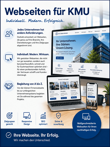 Werbegrafik zum Thema „Webseiten für KMU“ in modernem blau-weissem Design. Links stehen die Texte: „Jedes Unternehmen hat andere Anforderungen. Deshalb entwickeln wir Webseiten, die genau auf Ihre Branche, Ihre Dienstleistungen und Ihre Zielgruppe abgestimmt sind.“, „Individuell. Modern. Wirksam.“ sowie „Begleitung von A bis Z. Von der kleinen Firmenwebseite bis zur umfangreichen Unternehmenspräsenz begleiten wir Sie während des gesamten Projekts.“ Rechts sind Desktop-PC, Laptop und Smartphone mit einer modernen Unternehmenswebseite zu sehen. Unten werden die Vorteile „Zielgruppengerecht“, „Responsive Design“, „SEO optimiert“ sowie „Sicher & zuverlässig“ hervorgehoben. Im blauen Kreis steht „Maßgeschneiderte Webseiten für Ihren nachhaltigen Erfolg.“ Im Fussbereich lautet der Slogan: „Ihre Webseite. Ihr Erfolg. Wir machen den Unterschied.“