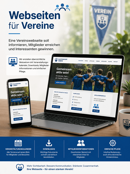 Werbegrafik zum Thema „Webseiten für Vereine“. Ein Laptop und ein Smartphone zeigen eine moderne Vereinswebseite mit Veranstaltungskalender, Downloads und Mitgliederbereich. Im Hintergrund ist ein Vereinswimpel zu sehen. Der Text lautet: „Webseiten für Vereine. Eine Vereinswebseite soll informieren, Mitglieder erreichen und Interessenten gewinnen. Wir erstellen übersichtliche Webseiten mit Veranstaltungskalender, Downloads, Mitgliederinformationen und einfacher Pflege.“ Unten werden die Vorteile Veranstaltungskalender, Downloads, Mitgliederinformationen und Einfache Pflege hervorgehoben. Abschliessend steht der Slogan: „Mehr Sichtbarkeit. Bessere Kommunikation. Stärkerer Zusammenhalt. Ihre Webseite – für einen starken Verein!“