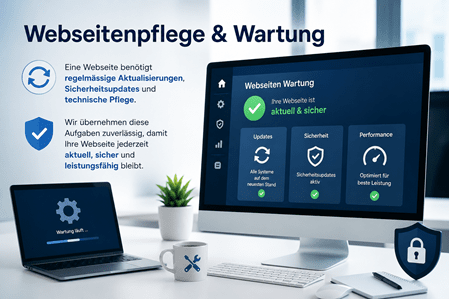 Webseitenpflege & Wartung – Modernes Büro mit Computerarbeitsplatz und Dashboard für Webseitenwartung. Der eingeblendete Text lautet: „Eine Webseite benötigt regelmässige Aktualisierungen, Sicherheitsupdates und technische Pflege. Wir übernehmen diese Aufgaben zuverlässig, damit Ihre Webseite jederzeit aktuell, sicher und leistungsfähig bleibt.“ Auf dem Monitor werden die Bereiche Updates, Sicherheit und Performance mit dem Hinweis „Ihre Webseite ist aktuell & sicher“ dargestellt.